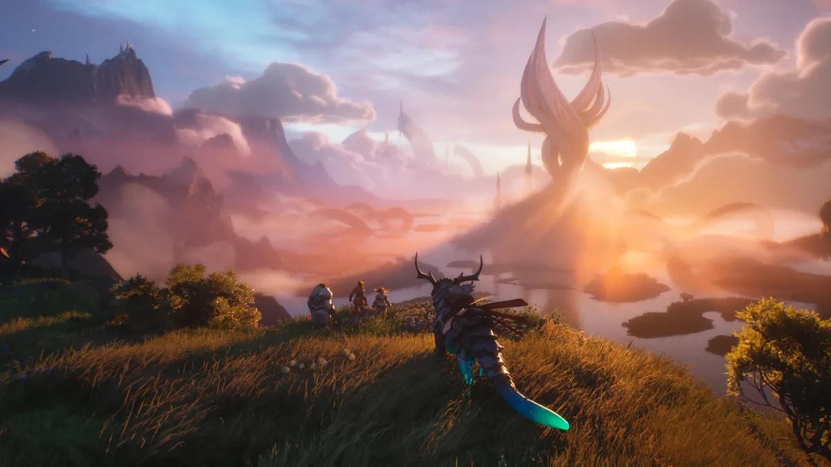 Official Guild Wars 3 screenshot of a guild party at sunset used for the Xbox platform status guide