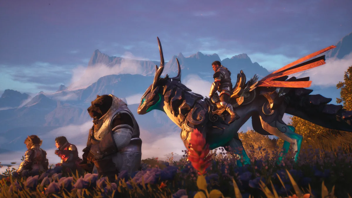 Official Guild Wars 3 screenshot showing a Vael riding party in the game world